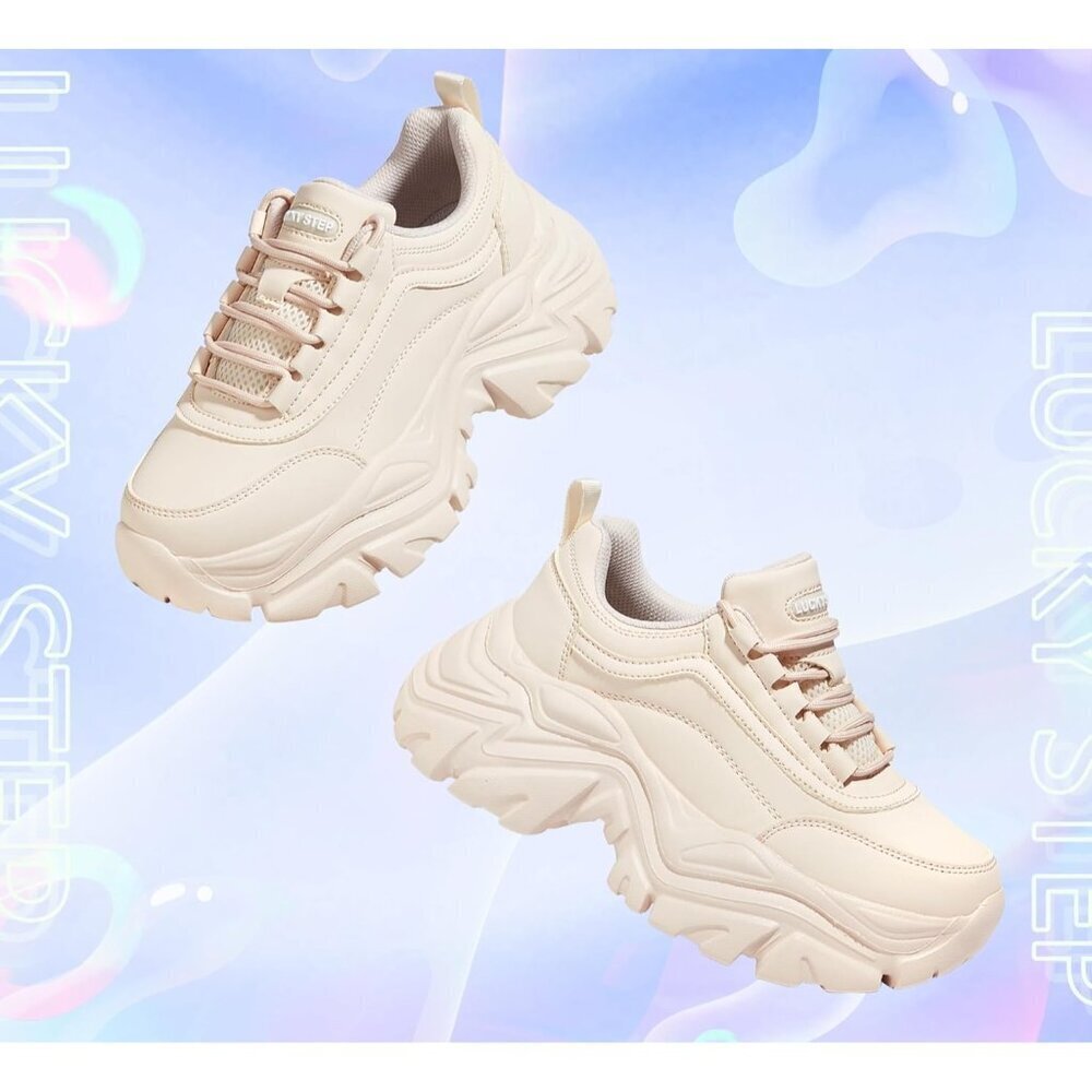 Lucky Step Women Beige Rhinestone Lace Up Chunky Dad Casual Walking Sneakers - Picture 5 of 9